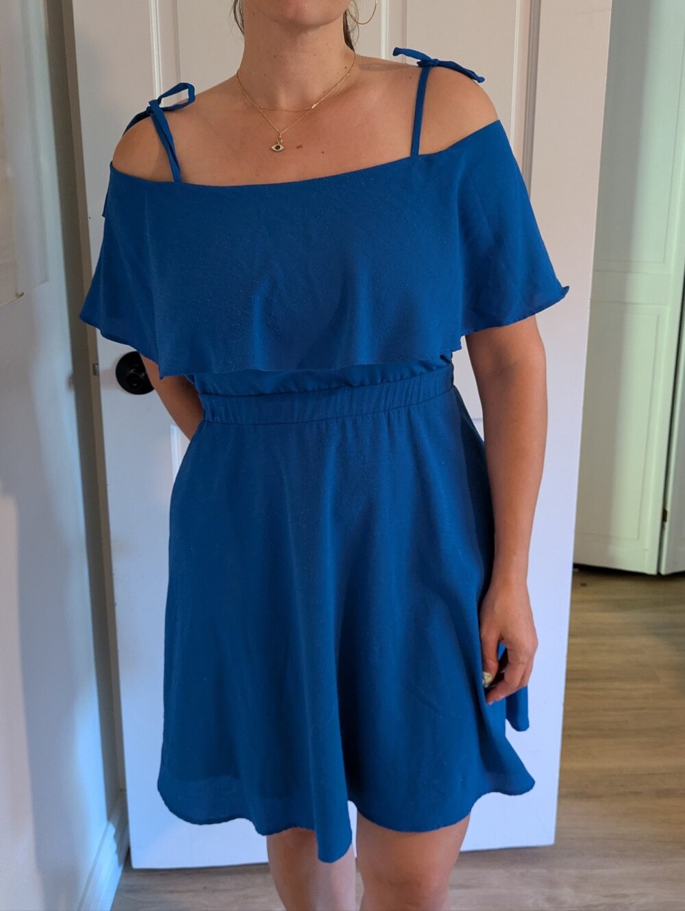 Vince Camuto Royal Blue Off-Shoulder Tie-Strap Mini Dress